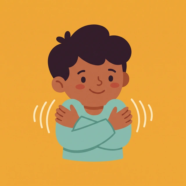 A child hugging their arms with a happy shiver