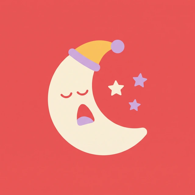 A sleepy crescent moon in a nightcap, yawning