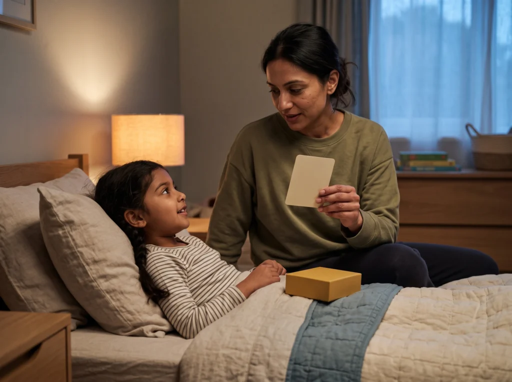 A child reading a Paper Pebble card at bedtime