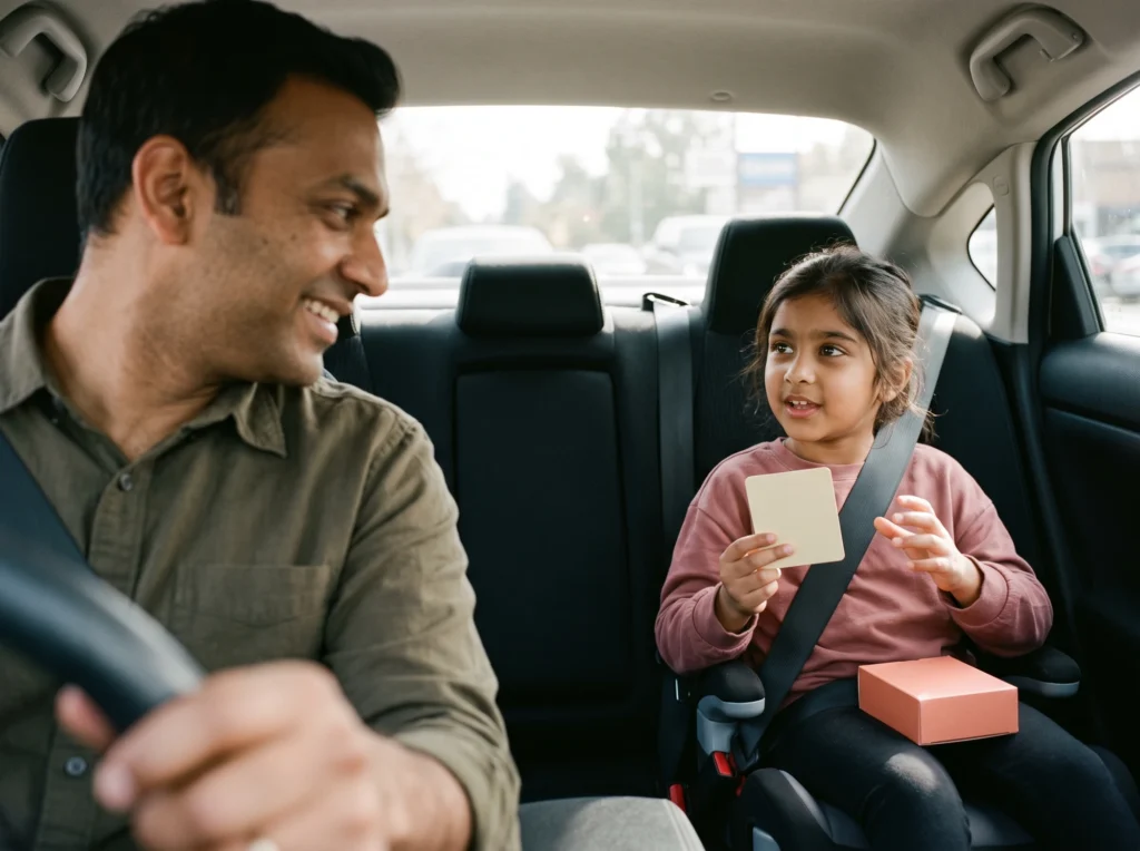 A parent and child sharing a conversation card on a car ride