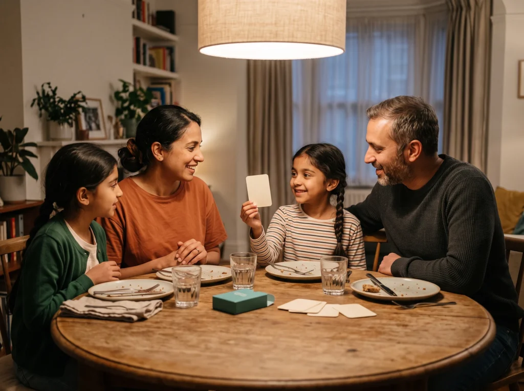 A family talking over Paper Pebble cards at the dinner table